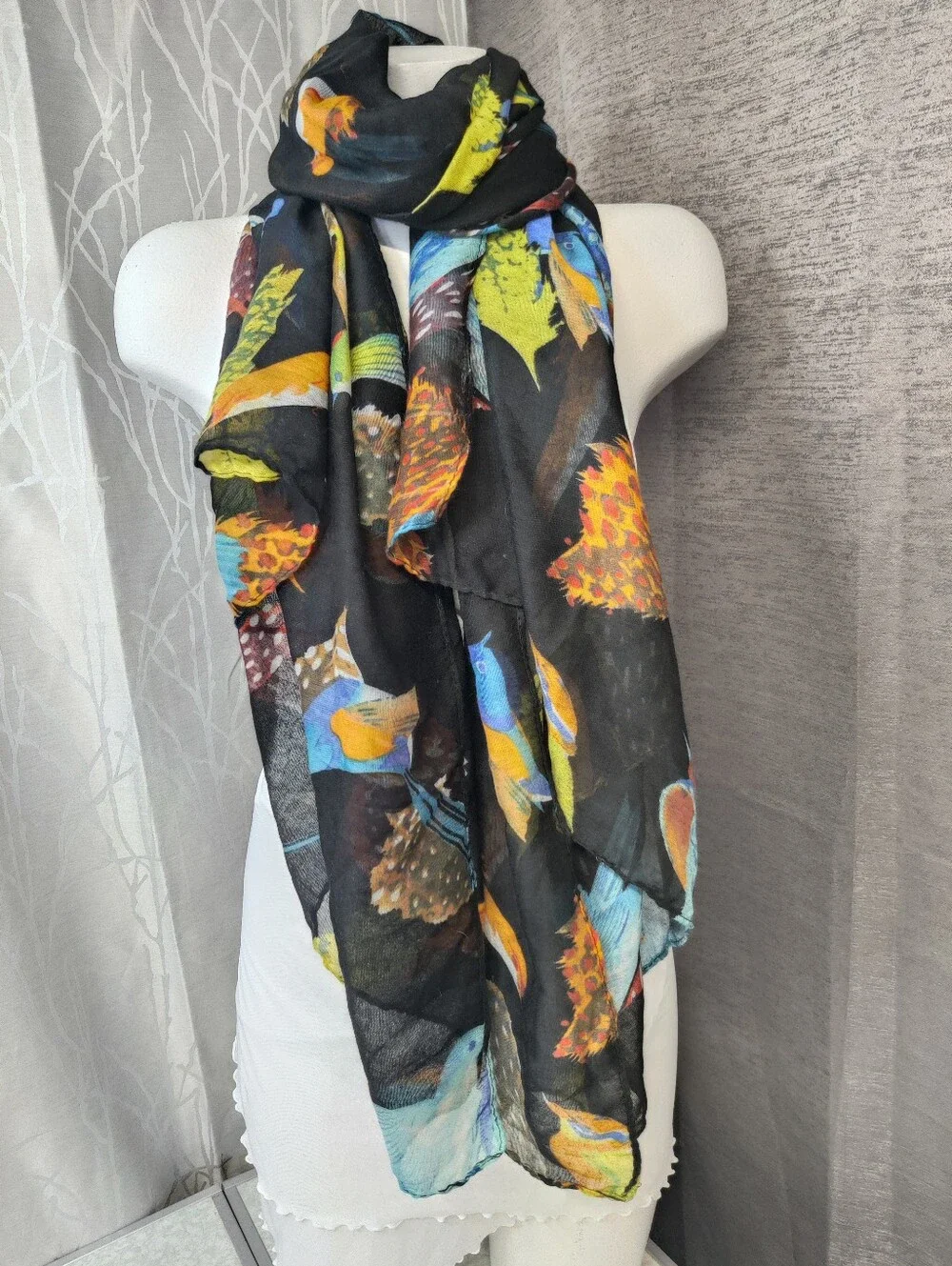 Bird Print Scarf Lot of 2 Lightweight Sheer Viscose Polyester 1 Oversized Wrap